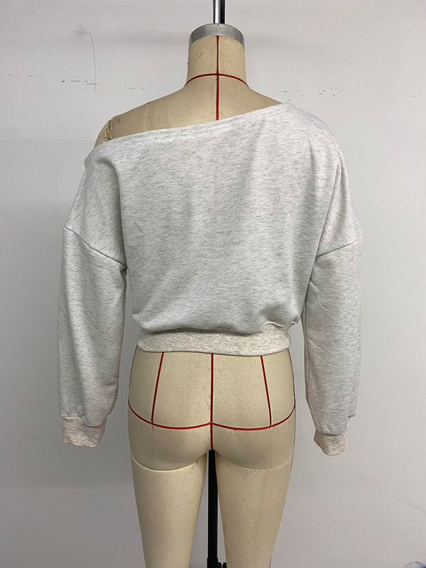 Letter Printed Hot Girl Slant Collar Cropped Navel-Exposed Sweatshirt-[Adult]-[Female]-2022 Online Blue Zone Planet
