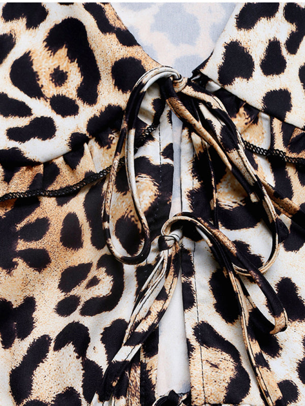New retro leopard print sweet chest tie doll collar shirt top-[Adult]-[Female]-2022 Online Blue Zone Planet