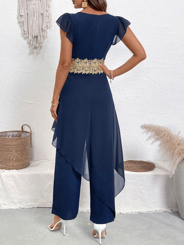 Casual simple and elegant lace splicing V-neck jumpsuit-[Adult]-[Female]-2022 Online Blue Zone Planet