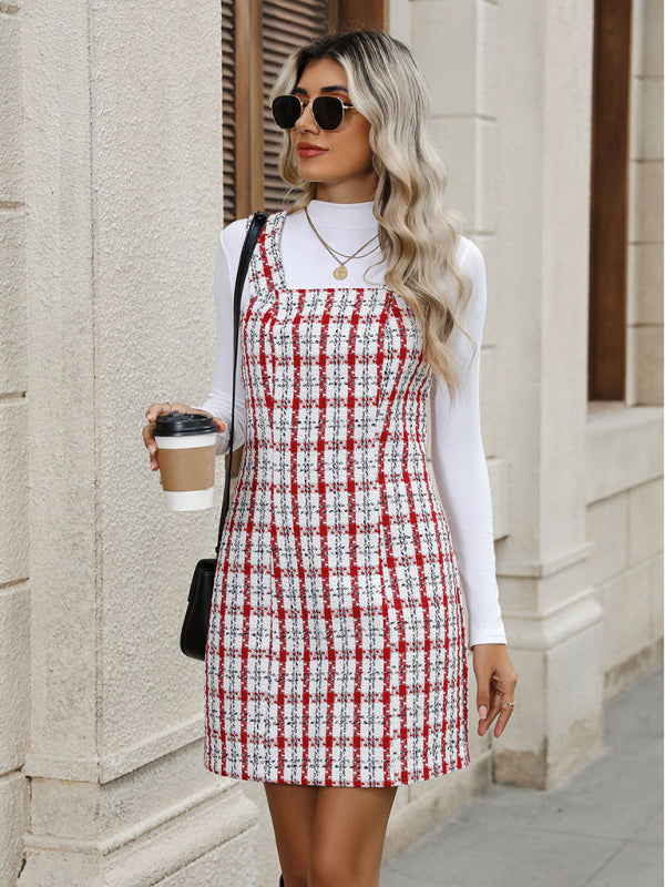 New Plaid Woolen Suspender Short Dress-[Adult]-[Female]-2022 Online Blue Zone Planet
