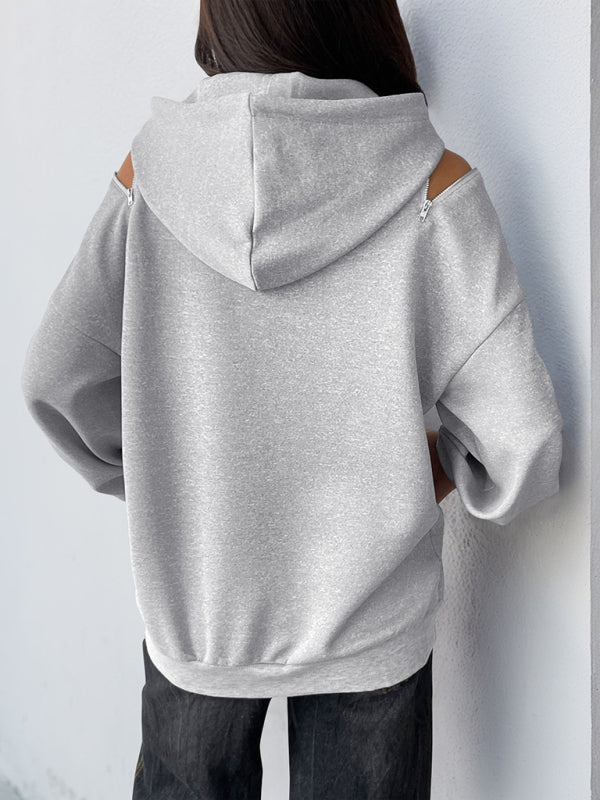 Long Sleeve Off-Shoulder Hooded Pullover Sweatshirt-[Adult]-[Female]-2022 Online Blue Zone Planet