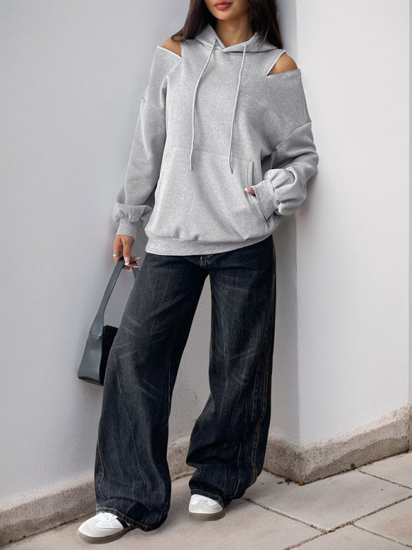 Long Sleeve Off-Shoulder Hooded Pullover Sweatshirt-[Adult]-[Female]-2022 Online Blue Zone Planet