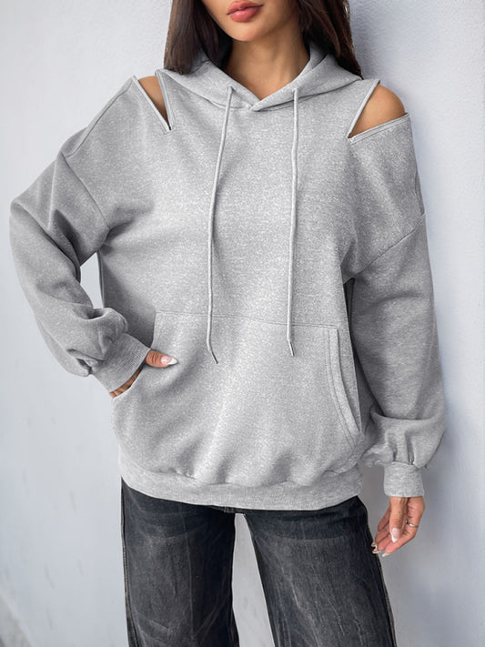 Long Sleeve Off-Shoulder Hooded Pullover Sweatshirt-[Adult]-[Female]-Misty grey-S-2022 Online Blue Zone Planet