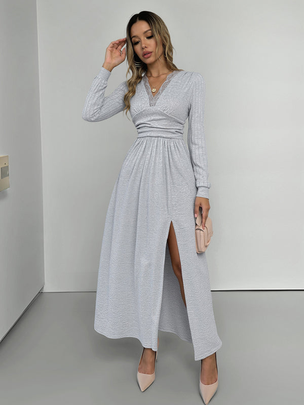 New V-neck long sleeve solid color brushed slit long dress-[Adult]-[Female]-2022 Online Blue Zone Planet