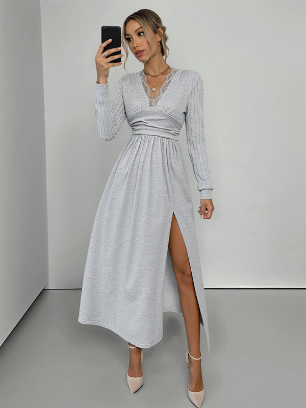 New V-neck long sleeve solid color brushed slit long dress-[Adult]-[Female]-Misty grey-S-2022 Online Blue Zone Planet