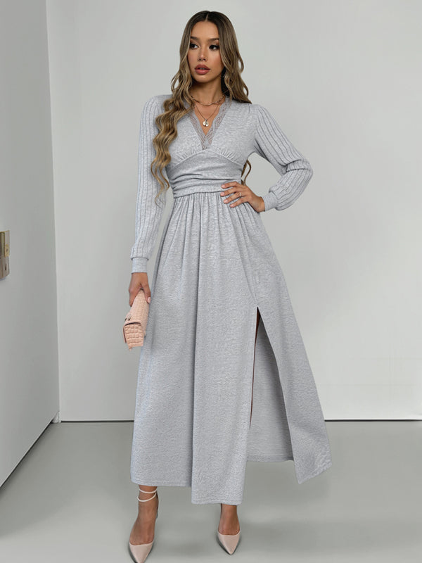 New V-neck long sleeve solid color brushed slit long dress-[Adult]-[Female]-2022 Online Blue Zone Planet