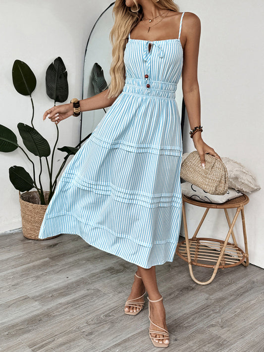 Holiday style striped suspender dress square neck tie sleeveless long dress-[Adult]-[Female]-Blue-S-2022 Online Blue Zone Planet