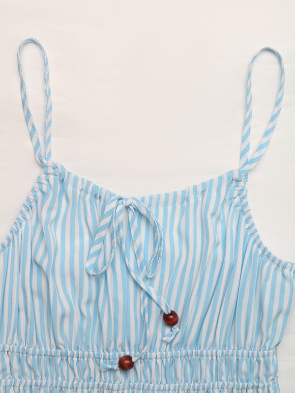 Holiday style striped suspender dress square neck tie sleeveless long dress-[Adult]-[Female]-2022 Online Blue Zone Planet