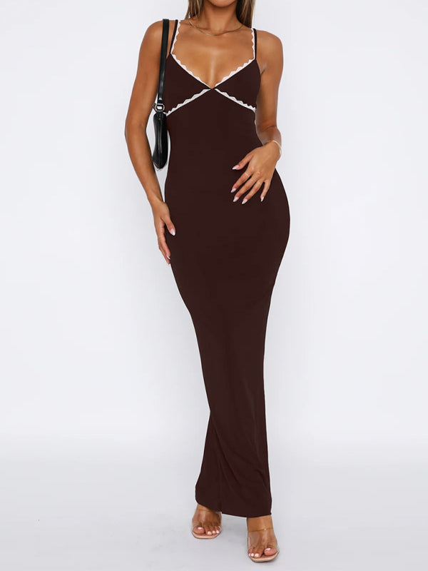 Lace Detail Slim Fit Bodycon Maxi Dress Brown / S
