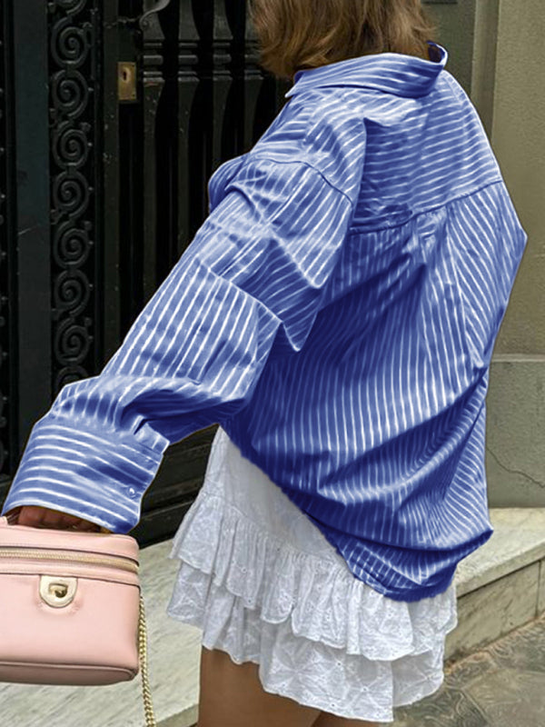 Holiday Button Stripe Long Sleeve Shirt-[Adult]-[Female]-2022 Online Blue Zone Planet