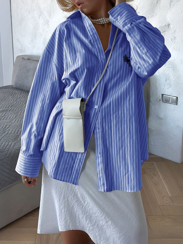 Holiday Button Stripe Long Sleeve Shirt-[Adult]-[Female]-Denim Blue-S-2022 Online Blue Zone Planet