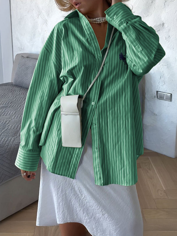 Holiday Button Stripe Long Sleeve Shirt-[Adult]-[Female]-Green-S-2022 Online Blue Zone Planet