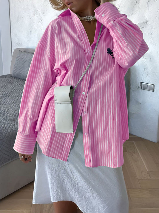Holiday Button Stripe Long Sleeve Shirt-[Adult]-[Female]-Pink-S-2022 Online Blue Zone Planet