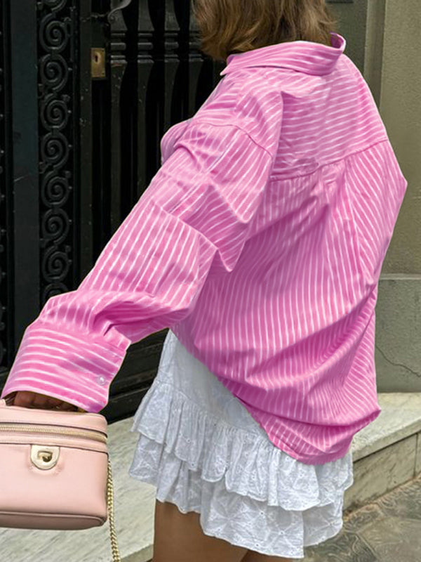 Holiday Button Stripe Long Sleeve Shirt-[Adult]-[Female]-2022 Online Blue Zone Planet