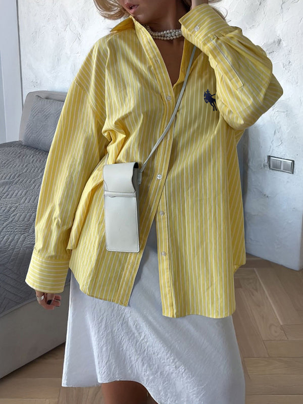 Holiday Button Stripe Long Sleeve Shirt-[Adult]-[Female]-Yellow-S-2022 Online Blue Zone Planet