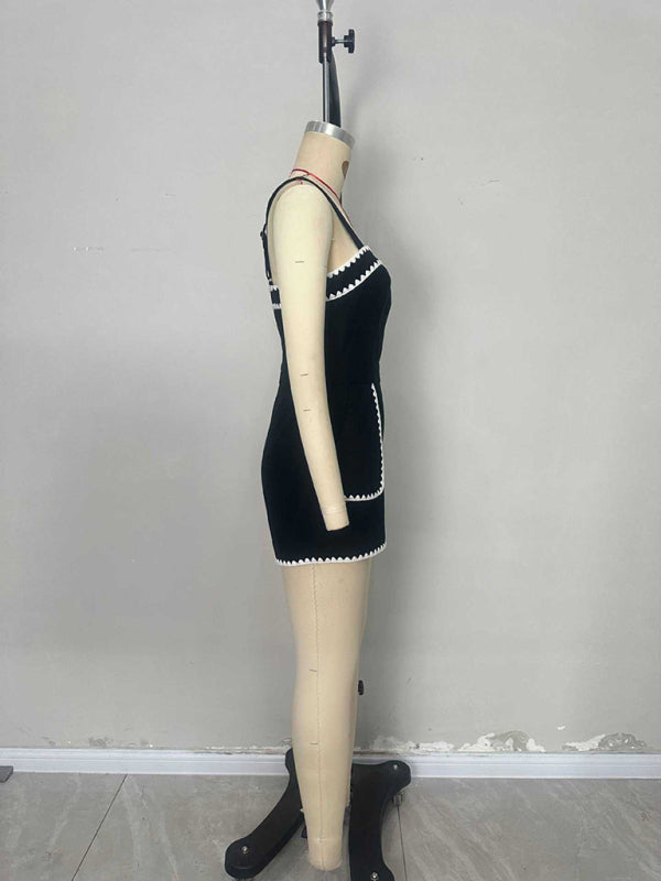 Fashion Embroidered Lace Pocket High Waist Suspender Jumpsuit-[Adult]-[Female]-2022 Online Blue Zone Planet