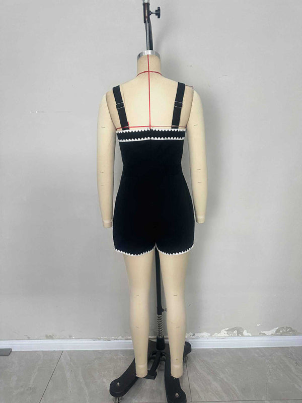 Fashion Embroidered Lace Pocket High Waist Suspender Jumpsuit-[Adult]-[Female]-2022 Online Blue Zone Planet