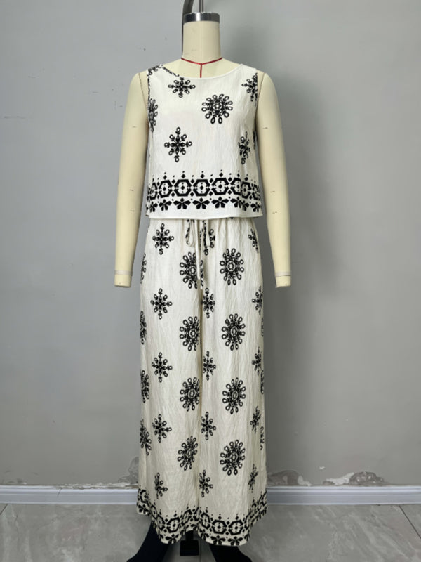 Printed vest with button-down elastic waist and wide-leg pants, two-piece set-[Adult]-[Female]-2022 Online Blue Zone Planet