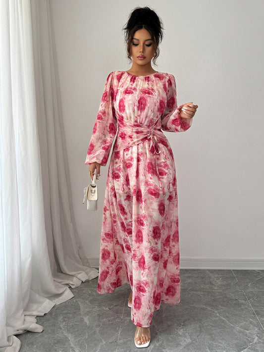 Floral print long sleeve dress-[Adult]-[Female]-Pink-S-2022 Online Blue Zone Planet