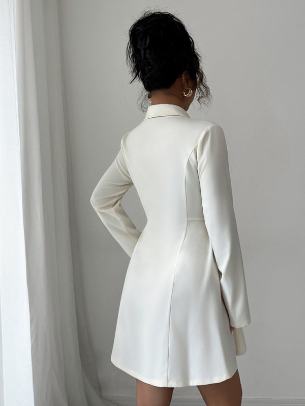 Elegant Button Long Sleeve Short Dress-[Adult]-[Female]-2022 Online Blue Zone Planet