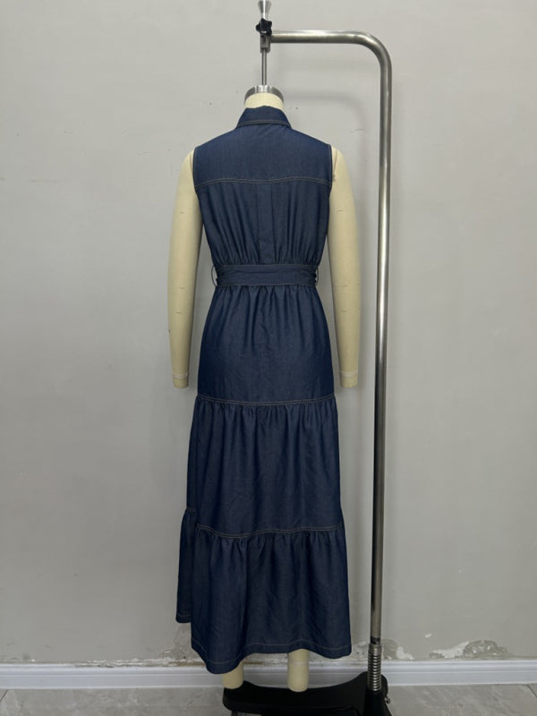 Blue sleeveless long dress with waist tie-[Adult]-[Female]-2022 Online Blue Zone Planet