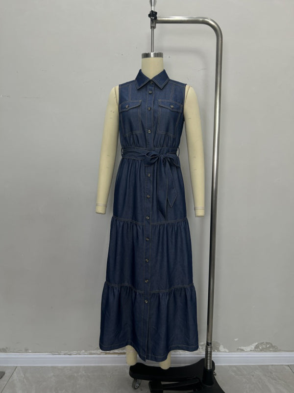 Blue sleeveless long dress with waist tie-[Adult]-[Female]-2022 Online Blue Zone Planet