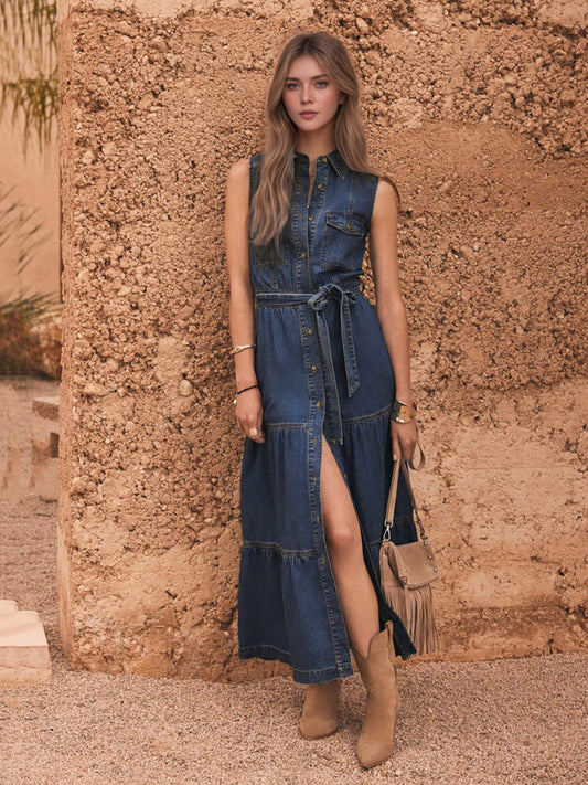 Blue sleeveless long dress with waist tie-[Adult]-[Female]-Blue-S-2022 Online Blue Zone Planet