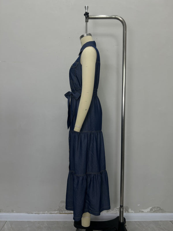 Blue sleeveless long dress with waist tie-[Adult]-[Female]-2022 Online Blue Zone Planet