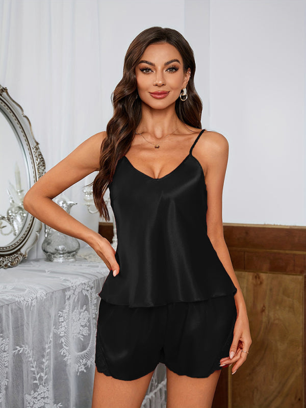 Suspender lace shorts thin pajamas set-[Adult]-[Female]-Black-S-2022 Online Blue Zone Planet
