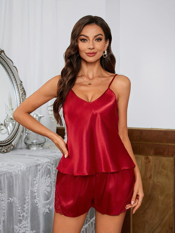 Suspender lace shorts thin pajamas set-[Adult]-[Female]-Red-S-2022 Online Blue Zone Planet