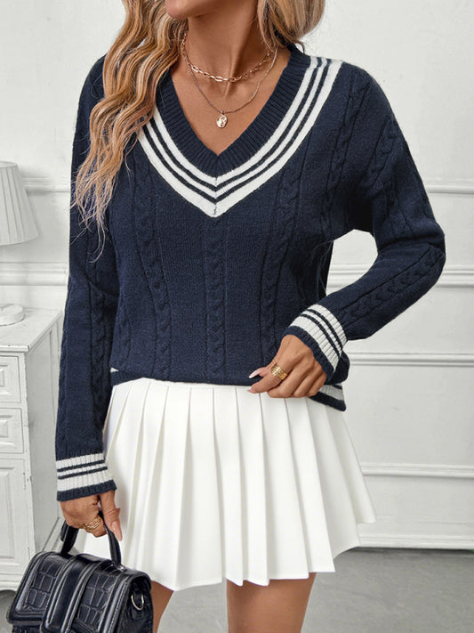 New V-neck cable knit sweater college style contrast color pullover sweater-[Adult]-[Female]-Champlain color-S-2022 Online Blue Zone Planet