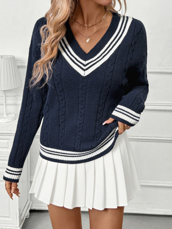 New V-neck cable knit sweater college style contrast color pullover sweater-[Adult]-[Female]-2022 Online Blue Zone Planet