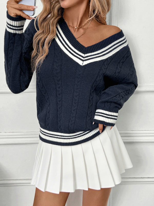 New V-neck cable knit sweater college style contrast color pullover sweater-[Adult]-[Female]-2022 Online Blue Zone Planet