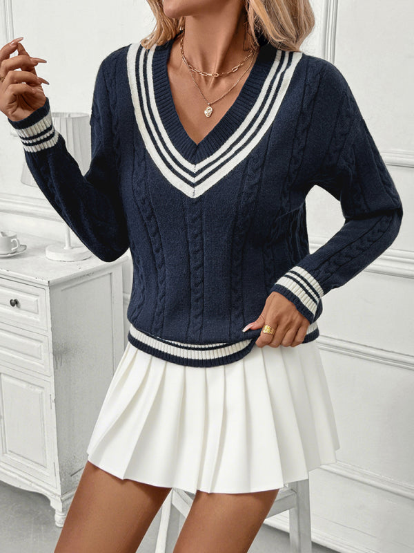 New V-neck cable knit sweater college style contrast color pullover sweater-[Adult]-[Female]-2022 Online Blue Zone Planet