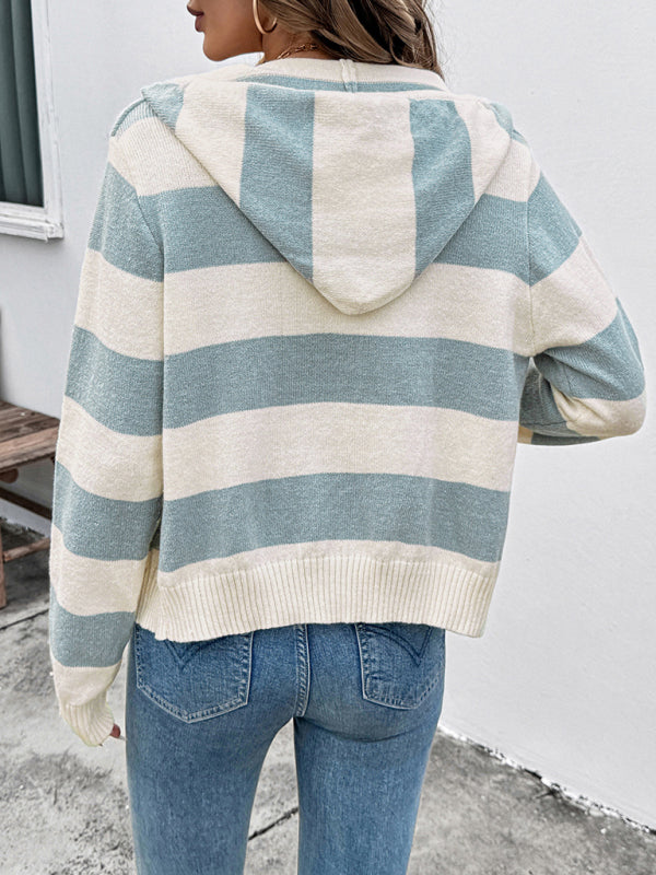 Women's Hooded Knitted Jacket Turned-edge Striped Contrast Color Sweater Zippered Cardigan-[Adult]-[Female]-2022 Online Blue Zone Planet
