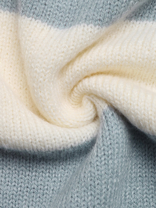 Women's Hooded Knitted Jacket Turned-edge Striped Contrast Color Sweater Zippered Cardigan-[Adult]-[Female]-2022 Online Blue Zone Planet