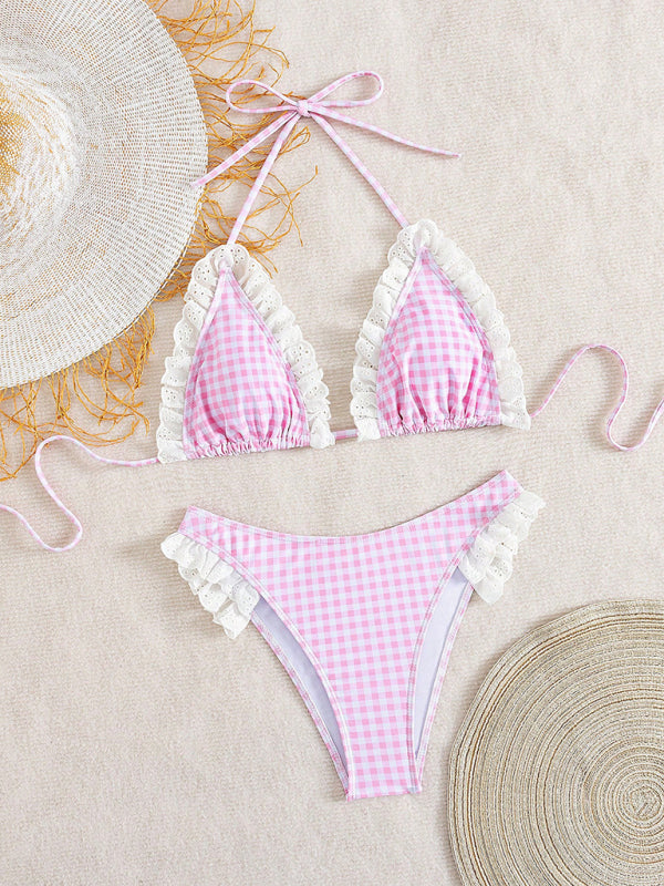 Lace plaid halterneck bikini ruffled holiday split swimsuit two-piece set-[Adult]-[Female]-2022 Online Blue Zone Planet
