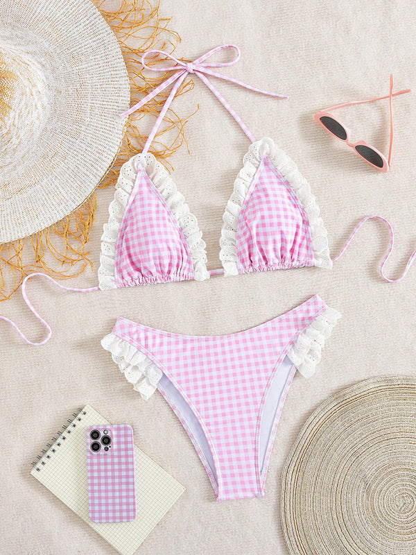Lace plaid halterneck bikini ruffled holiday split swimsuit two-piece set-[Adult]-[Female]-2022 Online Blue Zone Planet
