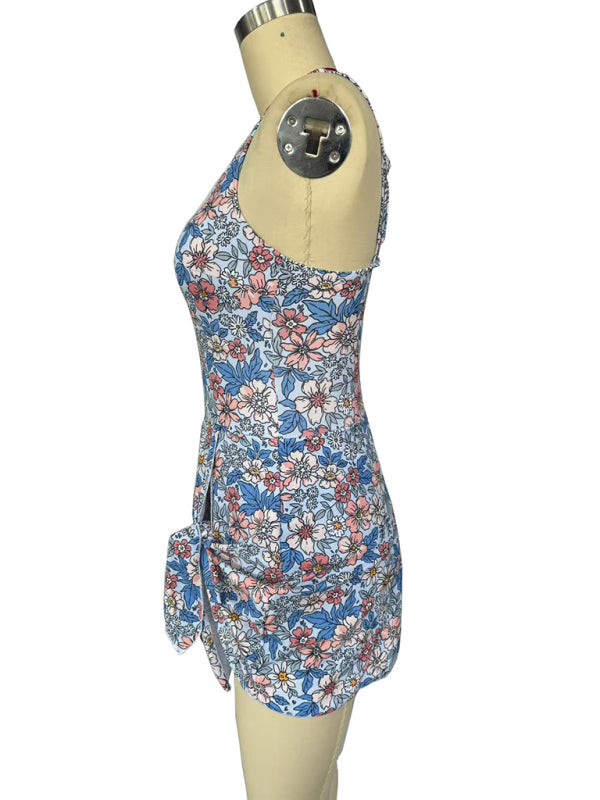 Sexy slim skirt blue floral print one-piece swimsuit bikini-[Adult]-[Female]-2022 Online Blue Zone Planet