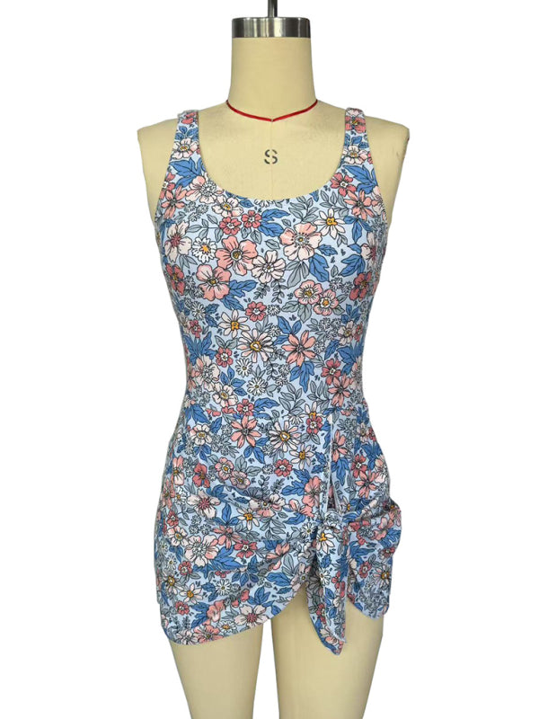 Sexy slim skirt blue floral print one-piece swimsuit bikini-[Adult]-[Female]-2022 Online Blue Zone Planet