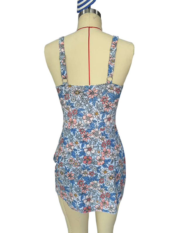 Sexy slim skirt blue floral print one-piece swimsuit bikini-[Adult]-[Female]-2022 Online Blue Zone Planet