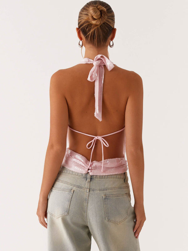 Women's Sequined Halter Neck Backless Lace-Up Top Sexy Camisole-[Adult]-[Female]-2022 Online Blue Zone Planet