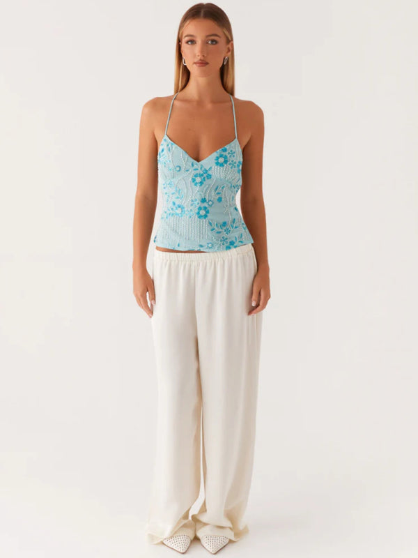 Embroidered Sequined Vest Sexy Hot Girls Suspender Top-[Adult]-[Female]-2022 Online Blue Zone Planet