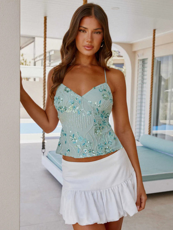 Embroidered Sequined Vest Sexy Hot Girls Suspender Top-[Adult]-[Female]-Mint Green-S-2022 Online Blue Zone Planet