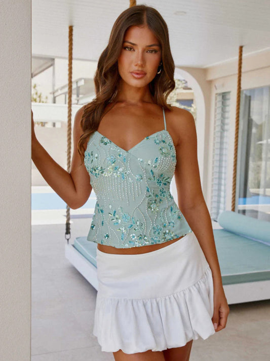 Embroidered Sequined Vest Sexy Hot Girls Suspender Top-[Adult]-[Female]-Mint Green-S-2022 Online Blue Zone Planet