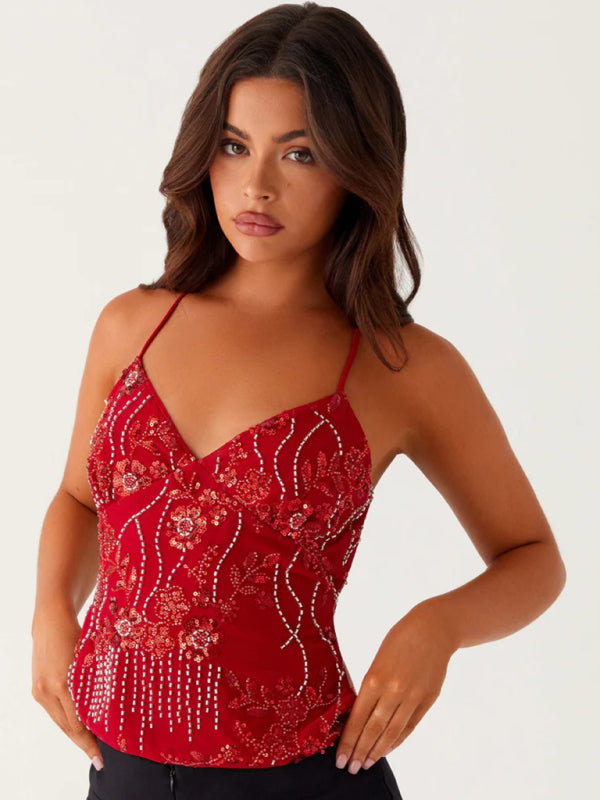 Embroidered Sequined Vest Sexy Hot Girls Suspender Top-[Adult]-[Female]-2022 Online Blue Zone Planet