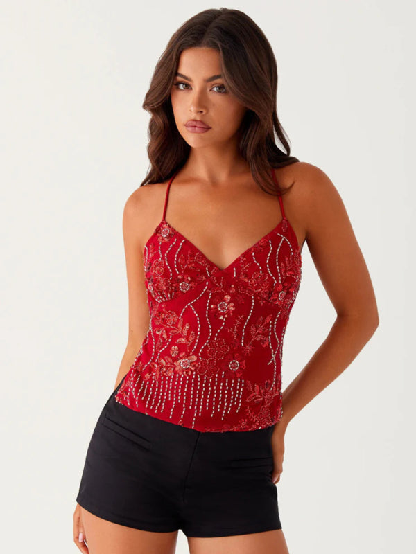 Embroidered Sequined Vest Sexy Hot Girls Suspender Top-[Adult]-[Female]-Red-S-2022 Online Blue Zone Planet