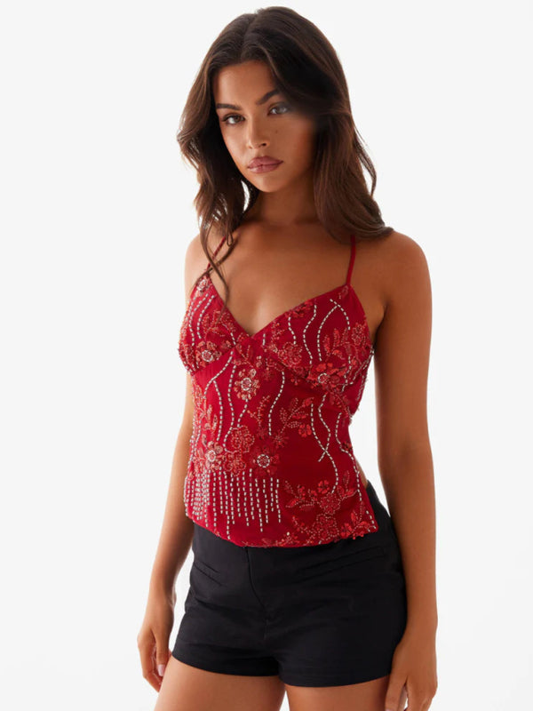 Embroidered Sequined Vest Sexy Hot Girls Suspender Top-[Adult]-[Female]-2022 Online Blue Zone Planet