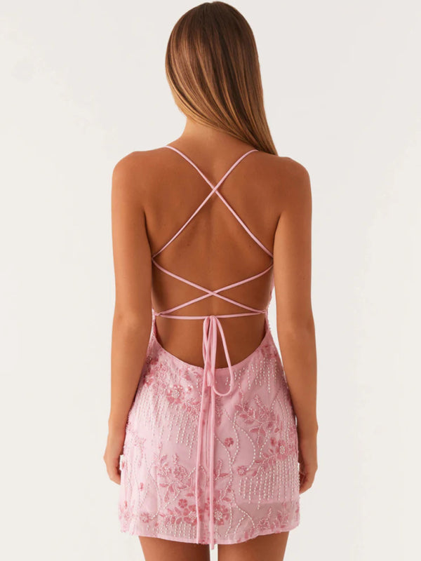 Women's sequin embroidered skirt sexy backless suspender dress-TOPS / DRESSES-[Adult]-[Female]-2022 Online Blue Zone Planet
