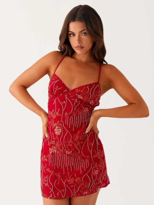 Women's sequin embroidered skirt sexy backless suspender dress-TOPS / DRESSES-[Adult]-[Female]-Red-S-2022 Online Blue Zone Planet